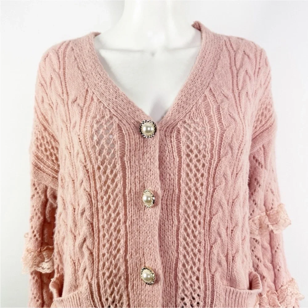Romwe Kawaii Pink Cable Knit Lace Pearl Button Down Sweater Cardigan S - Picture 2 of 12